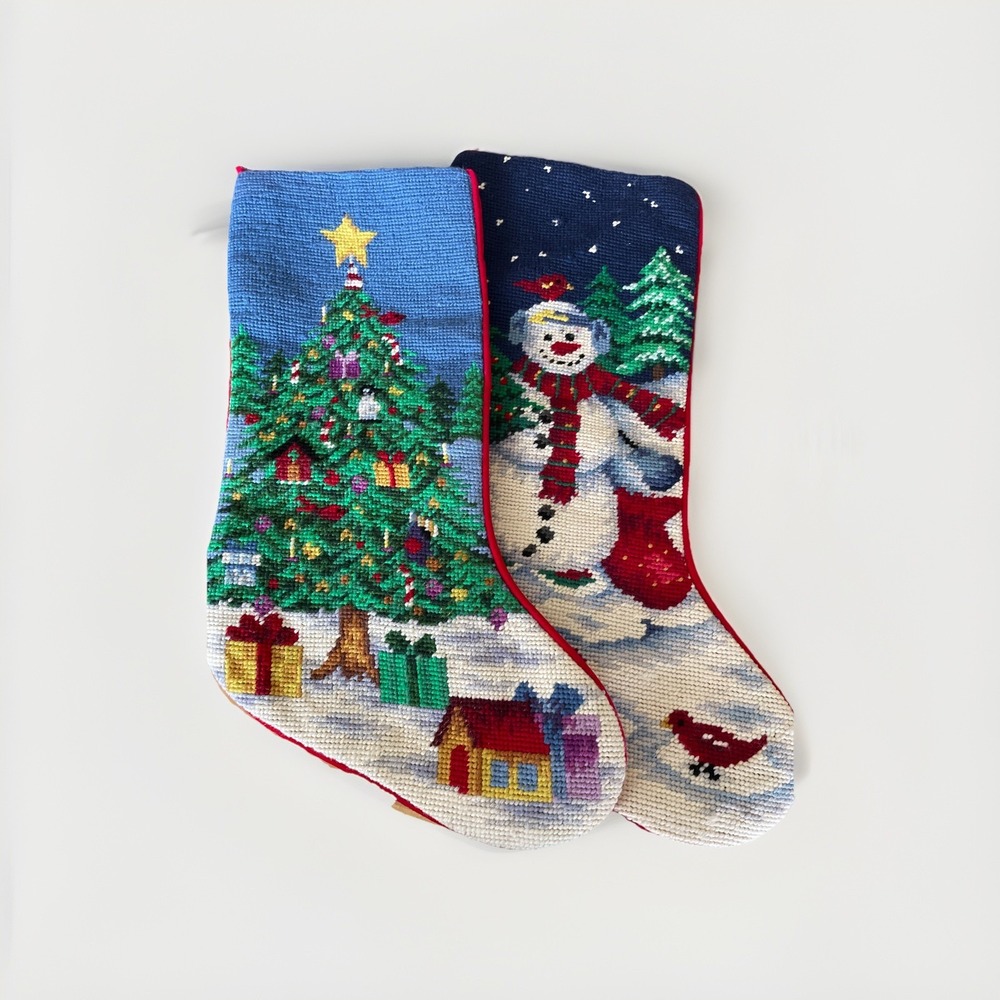 2 Christmas Stockings Cardinal Tree Snowman Houses Velvet Back Needlepoint